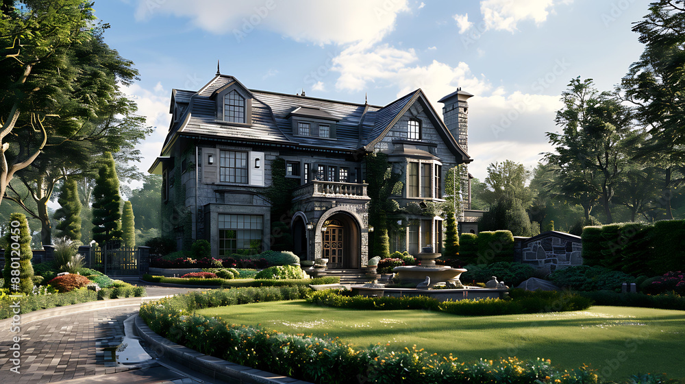 An elegant home facade featuring large bay windows, intricate stonework, and a beautifully landscaped front garden An elegant home facade featuring large bay windows, intricate stonework, and a beautifully landscaped front garden