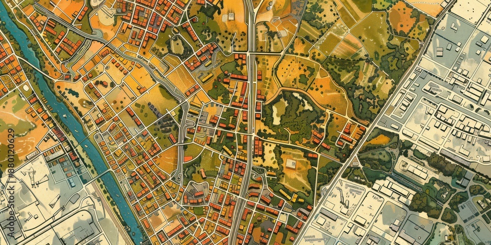 Fototapeta premium A map of a city with a river running through it