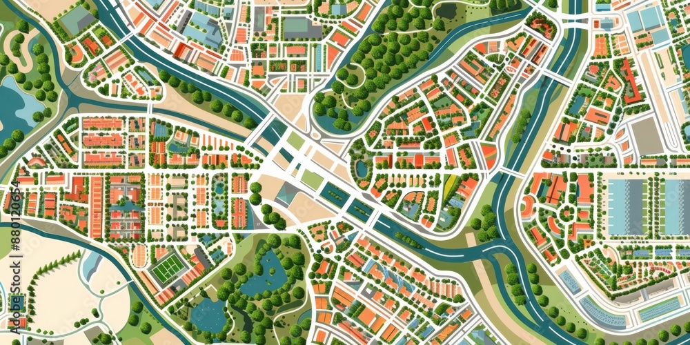 Obraz premium A city map with a lot of trees and buildings