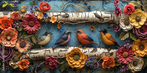 Colorful Birds Perched on Birch Bark Surrounded by Vibrant Blooms photo