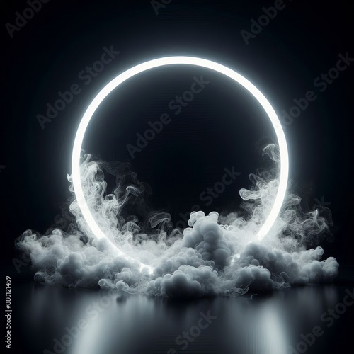 A white glowing circle with smoke and swirls against a black background photo