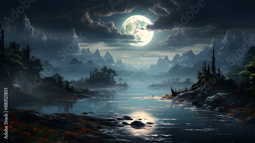 A dark and fantastical landscape with tall, pointed mountains reflected in a still body of water.  The moon glows brightly in a night sky filled with clouds.