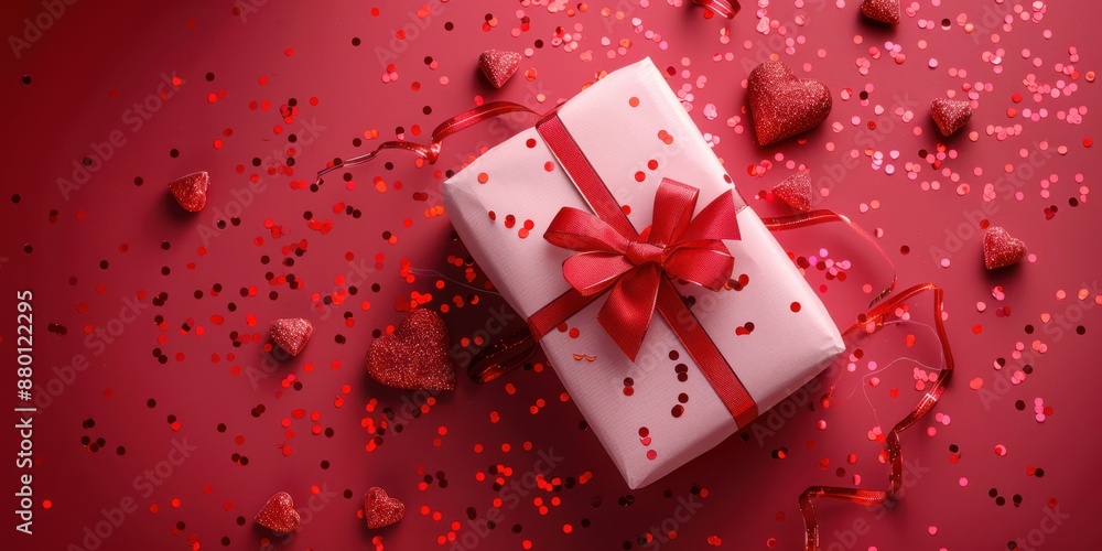 A red box with a red ribbon sits on a red background A red box with a red ribbon sits on a red background