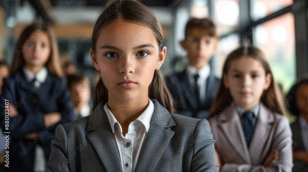 Young rookie girl and her team in suits, standing together in a modern office, with a bright environment and formal attire highlighting their potential as future leaders. Young rookie girl and her team in suits, standing together in a modern office, with a bright environment and formal attire highlighting their potential as future leaders.