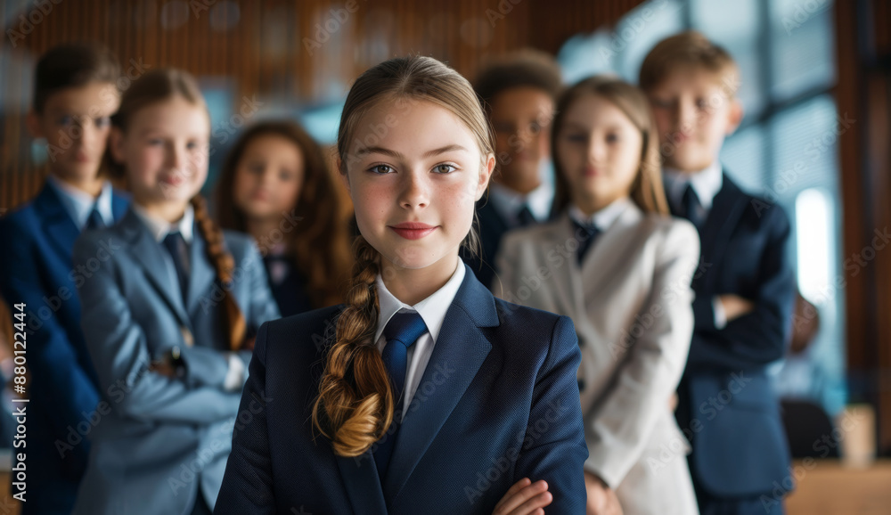 Fototapeta premium Young rookie girl and her team in suits, standing together in a modern office, with a bright environment and formal attire highlighting their potential as future leaders.