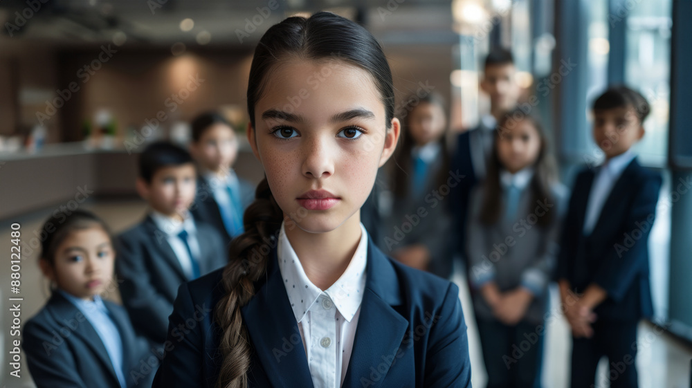 Young rookie girl and her team in suits, standing together in a modern office, with a bright environment and formal attire highlighting their potential as future leaders. Young rookie girl and her team in suits, standing together in a modern office, with a bright environment and formal attire highlighting their potential as future leaders.
