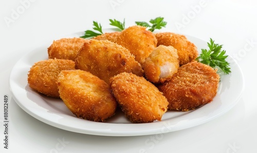 A plate of fried chicken nuggets sits on a white table