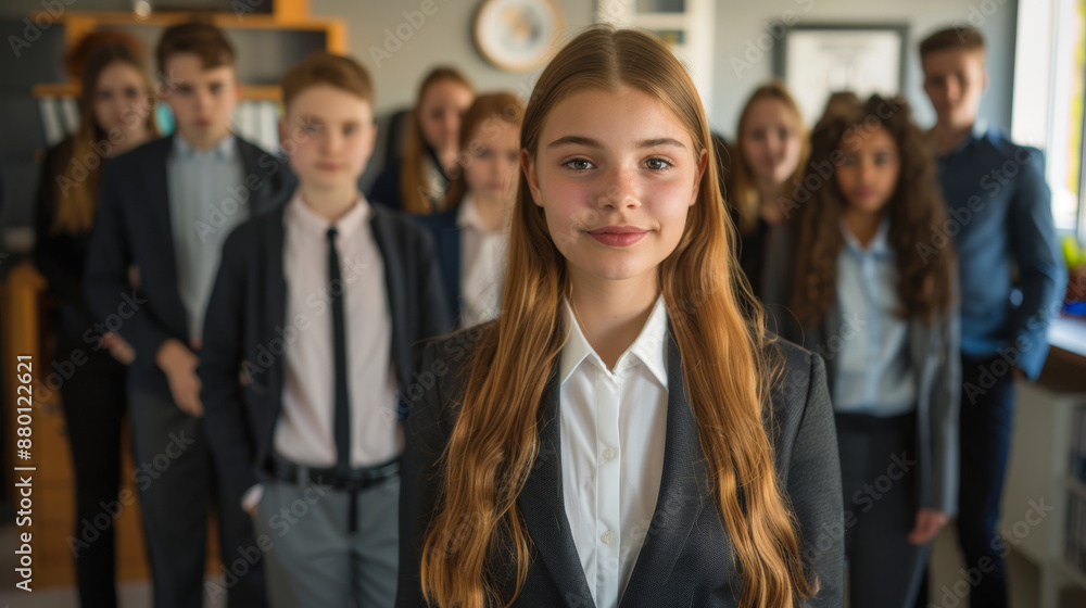 Young rookie girl and her team in suits, standing together in a modern office, with a bright environment and formal attire highlighting their potential as future leaders. Young rookie girl and her team in suits, standing together in a modern office, with a bright environment and formal attire highlighting their potential as future leaders.