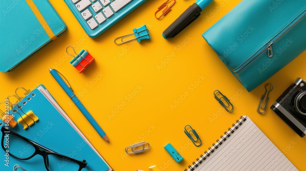 A yellow background with a blue notebook, a pen, a calculator, a pair of glasses A yellow background with a blue notebook, a pen, a calculator, a pair of glasses