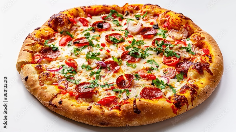 Delicious Classic Pizza with Golden Crust on White Background Delicious Classic Pizza with Golden Crust on White Background