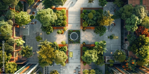 A park with a large green tree in the center
