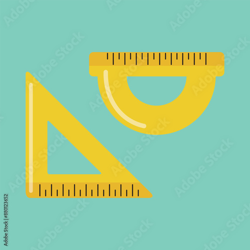 Set yellow rulers in flat style. Triangle ruler and protractor. Vector illustration.