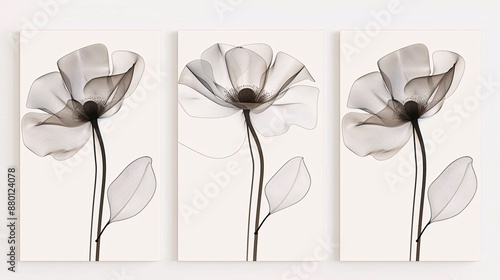 Three interconnected art posters with a continuous line art flower, displayed on a clean white background for a unified and sophisticated look