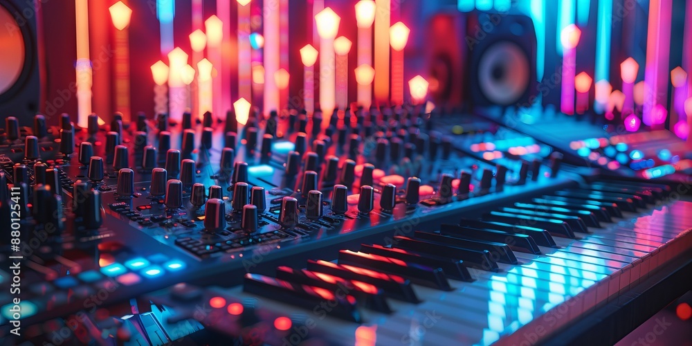 Vibrant Electronic Music Studio with Synthesizers and LED Lights Vibrant Electronic Music Studio with Synthesizers and LED Lights