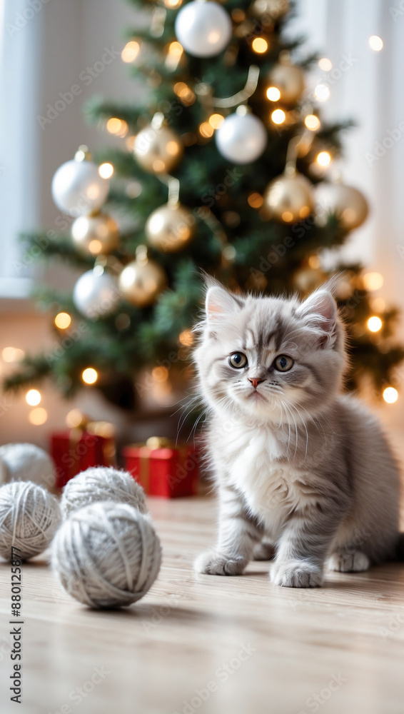 Fluffy kitten sitting by a Christmas tree with golden decorations and presents. Fluffy kitten sitting by a Christmas tree with golden decorations and presents.