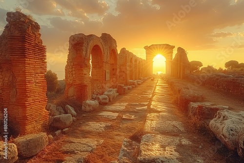 An ancient Roman amphitheater bathed in the golden light of sunset, where weathered stone arches echo with the whispers of centuries past. photo