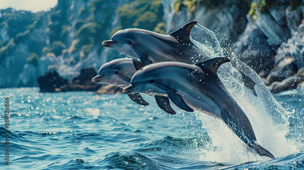 Naklejka premium Joyful Japanese Dolphins Playfully Leaping from Pristine Coastal Waters