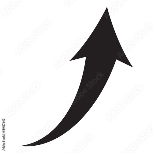 A black curved arrow on a white background indicates the direction of movement. Curved arrow icon, pointer, road sign. Vector illustration. eps 10