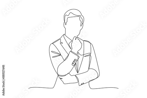 Continuous one line drawing of businessman thinking with his hand on his chin. Thinking man illustration