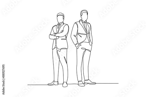 Continuous one line drawing of two businessmen standing with arms crossed. Illustration design