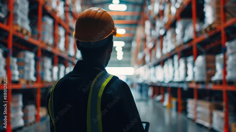 A warehouse worker in a hard hat and safety vest walks down an aisle of stacked boxes. A warehouse worker in a hard hat and safety vest walks down an aisle of stacked boxes.
