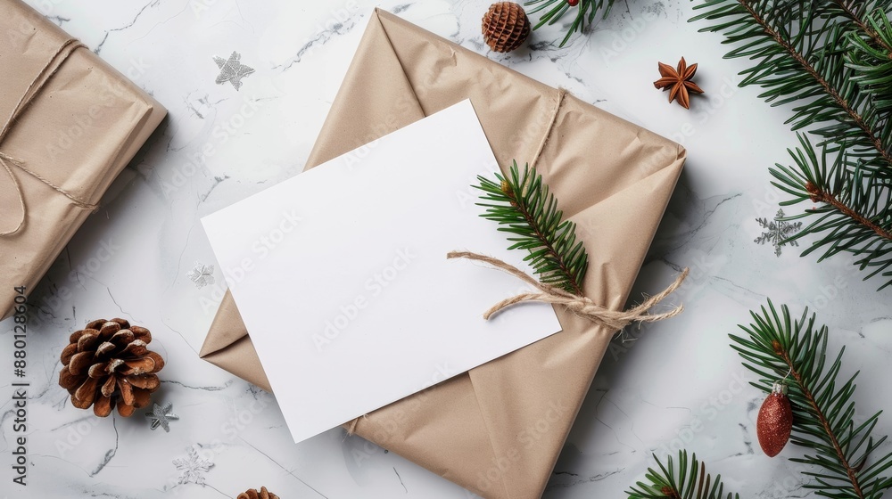 Fototapeta premium Festive greeting card design featuring a border of fir branches and pine cones