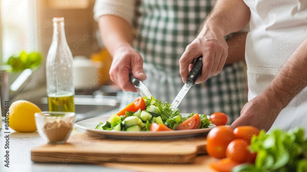 Plus-size couple preparing a nutritious meal in a bright, modern kitchen, emphasizing healthy living and well-being through balanced diet and companionship Plus-size couple preparing a nutritious meal in a bright, modern kitchen, emphasizing healthy living and well-being through balanced diet and companionship