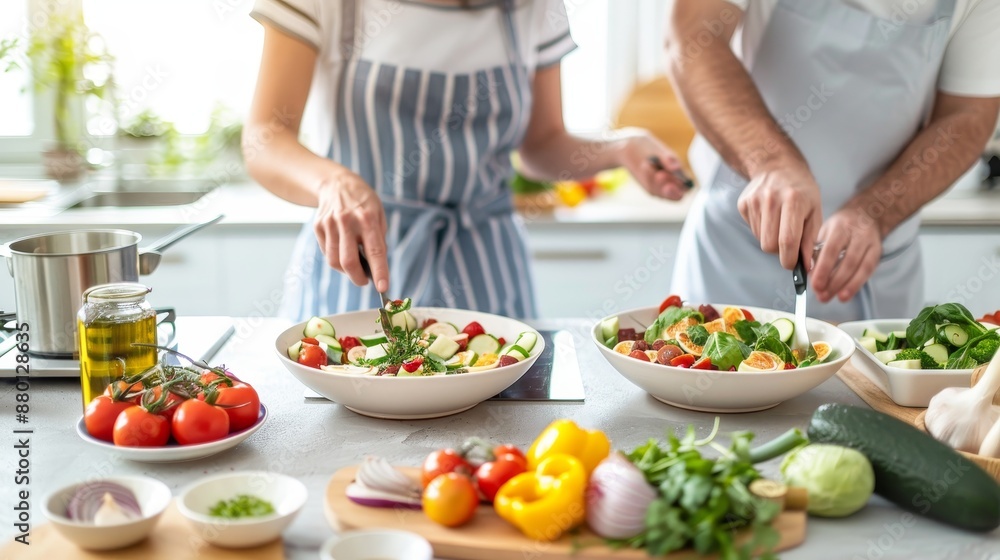 Plus-size couple preparing a nutritious meal in a bright, modern kitchen, emphasizing healthy living and well-being through balanced diet and companionship Plus-size couple preparing a nutritious meal in a bright, modern kitchen, emphasizing healthy living and well-being through balanced diet and companionship