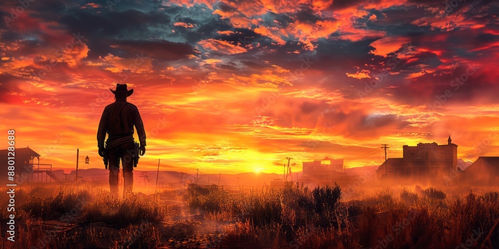 Naklejka premium Fiery Sunset in the Wild West with Lone Cowboy Silhouette