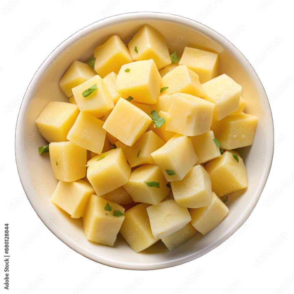 Boiled potatoes cubes on white bowl top view isolated on transparent background Boiled potatoes cubes on white bowl top view isolated on transparent background