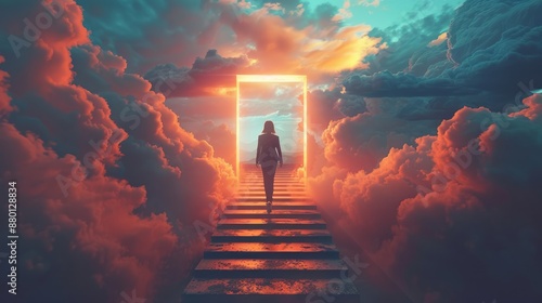 Woman Walking Towards A Glowing Door In The Clouds
