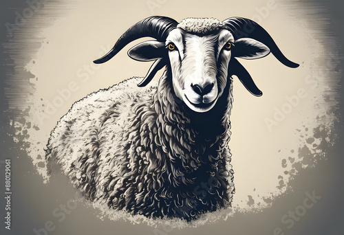Wallpaper Mural A detailed black and white illustration of a sheep standing on a textured background. Torontodigital.ca