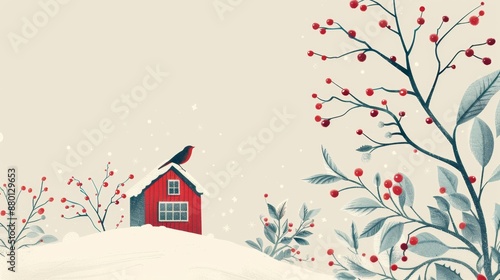 Sure, here's a simplified description for naming the image based on the provided sentences and tags: Winter Cottage Landscape with Tree and Snow