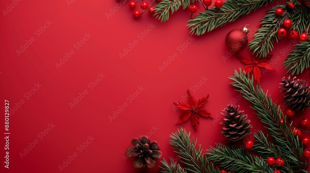 Festive red background framed by evergreen fir branches for a merry Christmas Festive red background framed by evergreen fir branches for a merry Christmas
