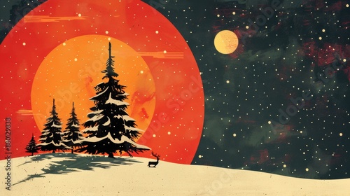 A festive vector Christmas card illustration of a snow-covered Christmas tree at night under a starry blue sky