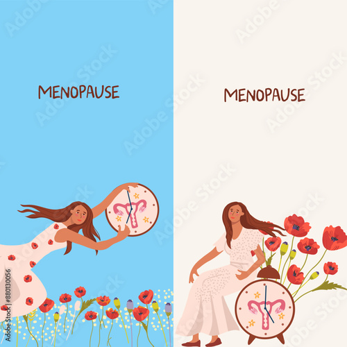 Vertical banner. Gynecology. World menopause day. The concept of medicine. Woman with clock. Vector illustration. Field of poppies. Hand drawing illustration.