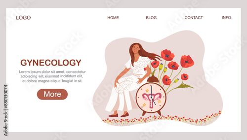 Landing page with a field of poppies on women's health. World Menopause Day. Gynecology.  A woman with a clock in the form of a uterus.