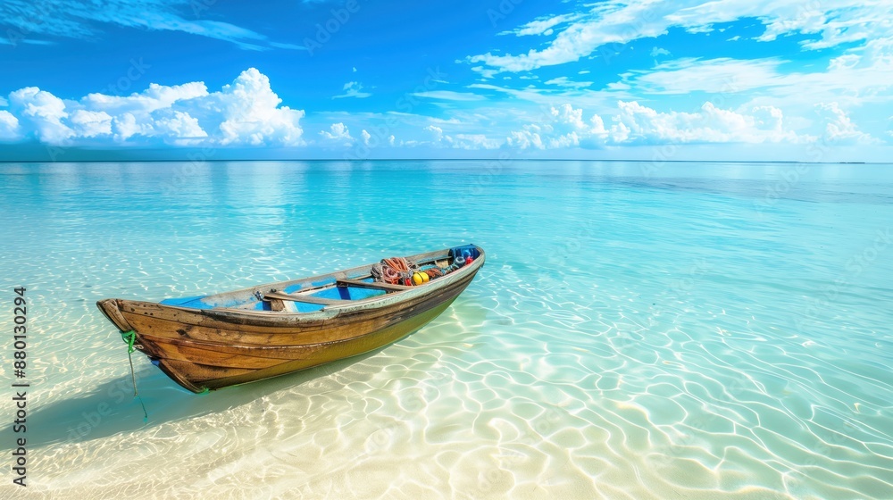 A serene tropical beach with a lone wooden boat resting on the shallow, crystal-clear water.
A serene tropical beach with a lone wooden boat resting on the shallow, crystal-clear water.
