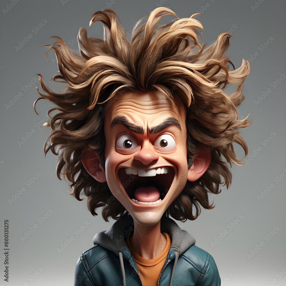 Animated Character with Wild Hair and Excited Expression Animated Character with Wild Hair and Excited Expression
