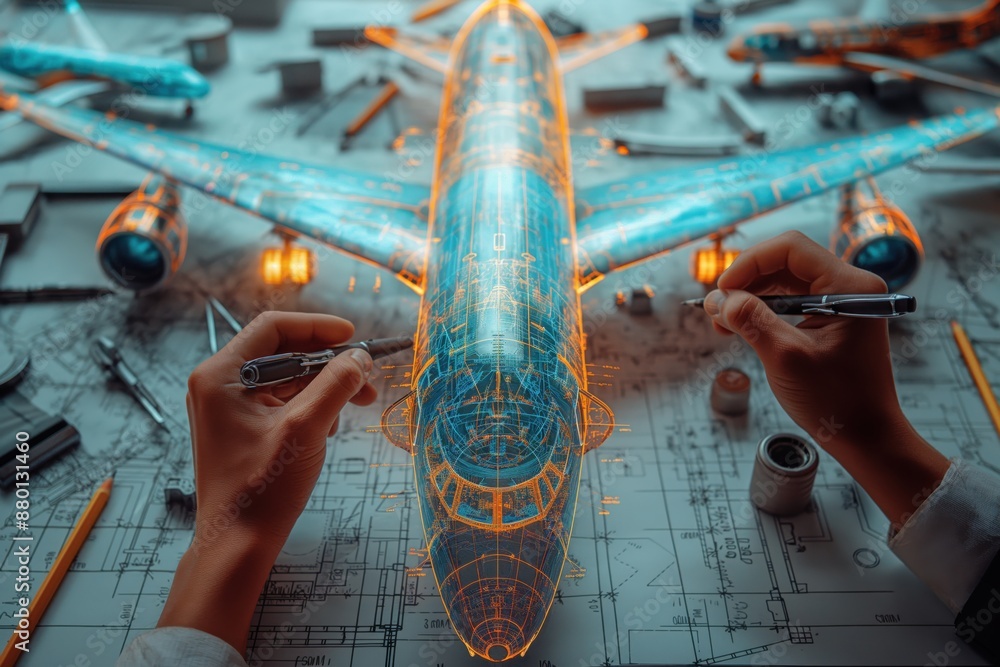 Hands Working on Airplane Blueprint. Hands working on an illuminated ...
