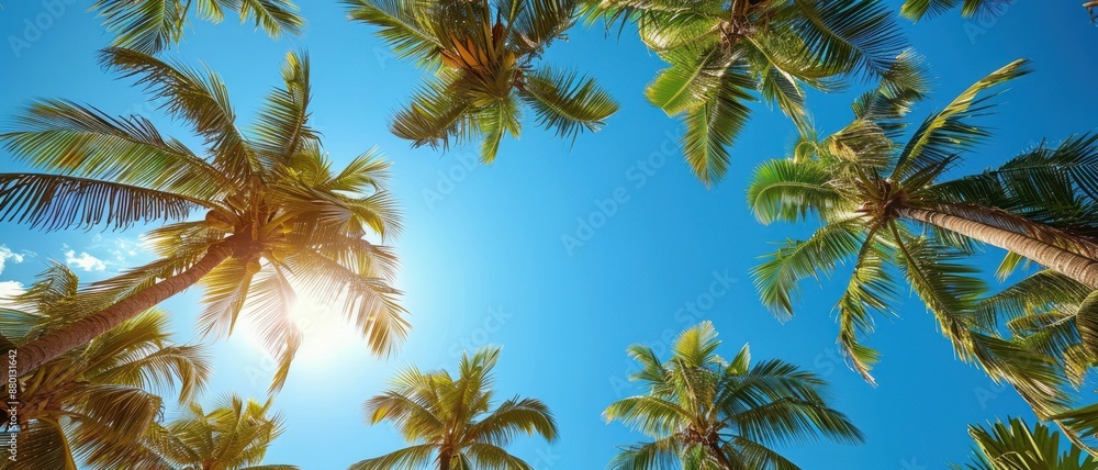 Palm trees on a tropical beach, looking up at clear blue sky, Vacation, Relaxation Palm trees on a tropical beach, looking up at clear blue sky, Vacation, Relaxation