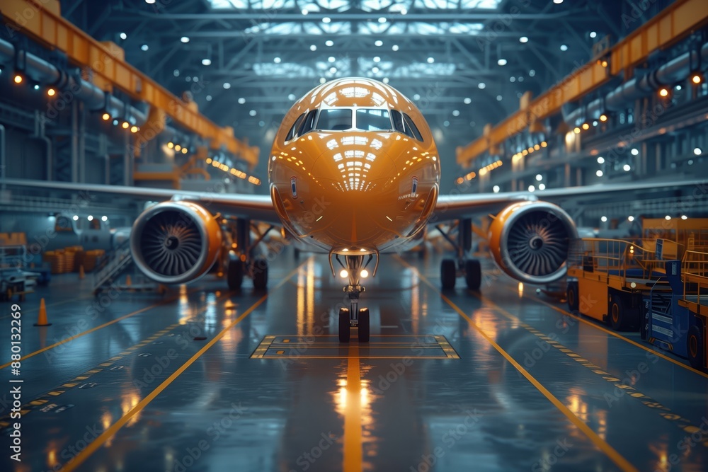 Airplane in Industrial Manufacturing Facility. Airplane in an industrial manufacturing facility, highlighting the advanced technology and precision involved in aerospace production. Airplane in Industrial Manufacturing Facility. Airplane in an industrial manufacturing facility, highlighting the advanced technology and precision involved in aerospace production.