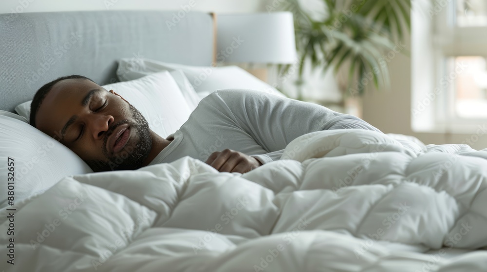 Man sleeping on bed, image in room with quiet and relaxing atmosphere. Man sleeping on bed, image in room with quiet and relaxing atmosphere.