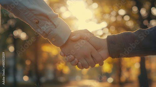 Two people shaking hands in a park. Concept of friendship and camaraderie.