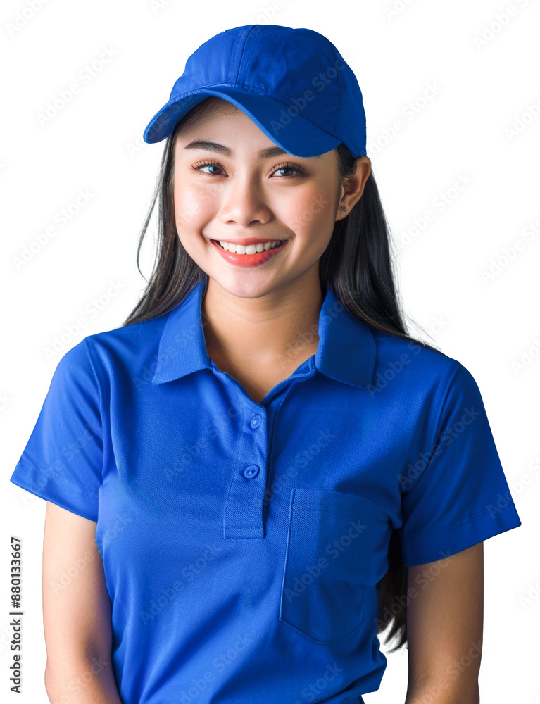 Young Asian woman smiling confidently, dressed in a blue polo shirt and cap, ready for her job. Young Asian woman smiling confidently, dressed in a blue polo shirt and cap, ready for her job.