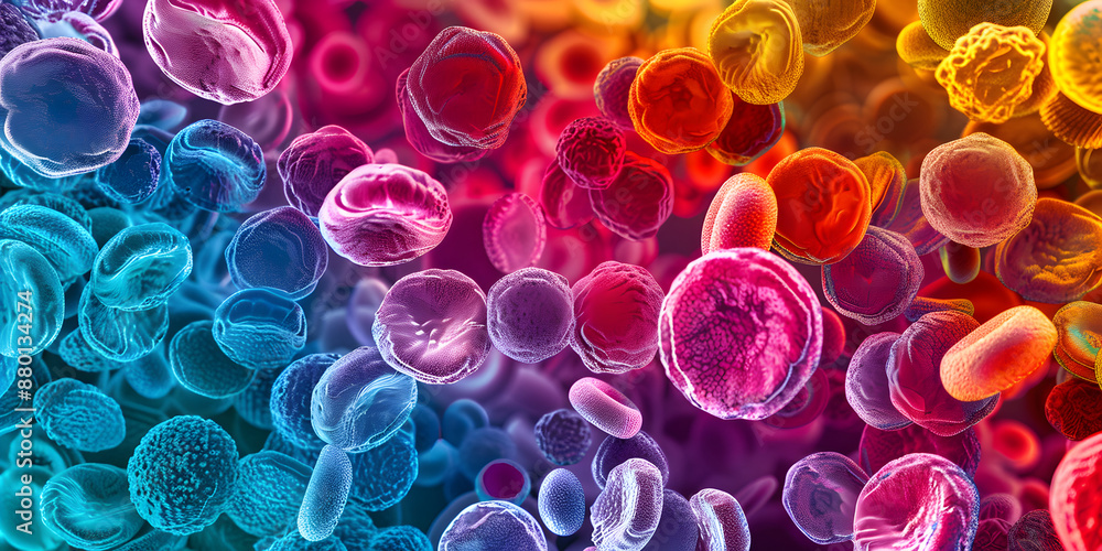 Visão microscópica de células sanguíneas com cores vibrantes Stock