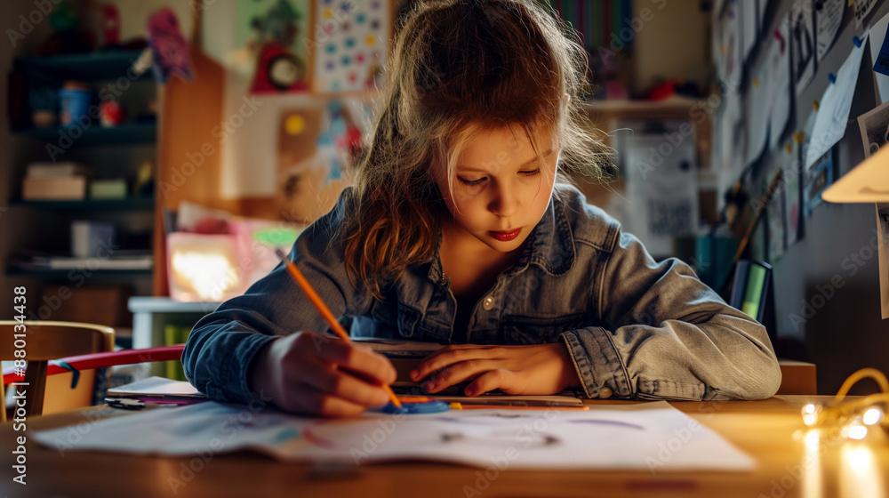 Girl studies with focus under desk lamp at night. Girl studies with focus under desk lamp at night.