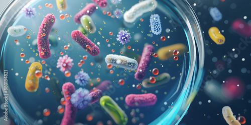 Visão microscópica de bactérias em uma placa de Petri