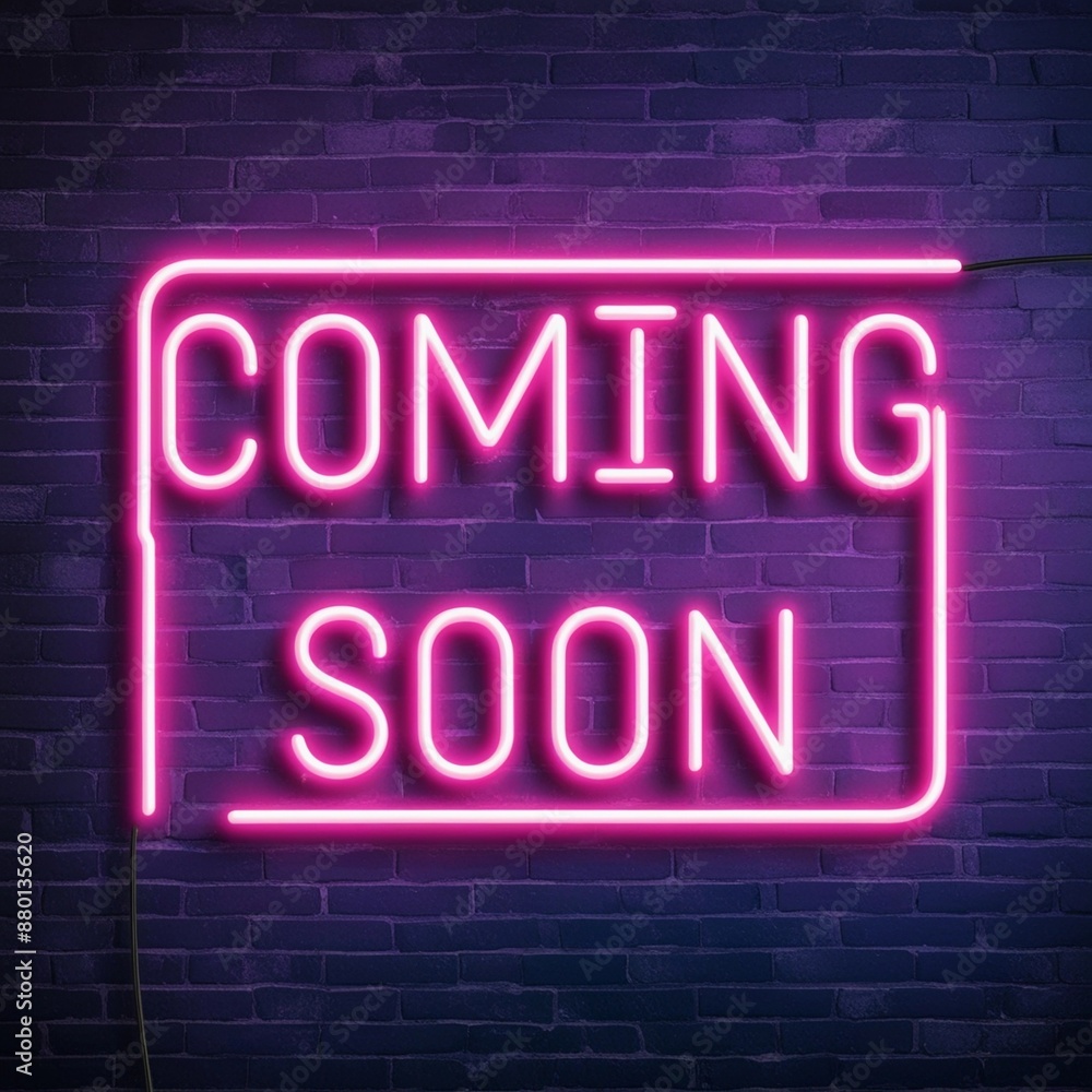 Obraz premium Vector isolated neon sign of the text COMING SOON typography logo on the brick wall background