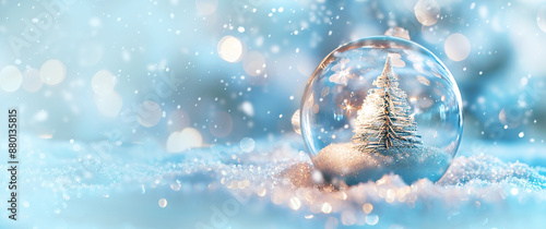 Christmas tree inside an empty glass transparent ball. Blue background with white snowflakes and rays of light. Space for text. Winter festive season; holiday celebration. Horizontal banner